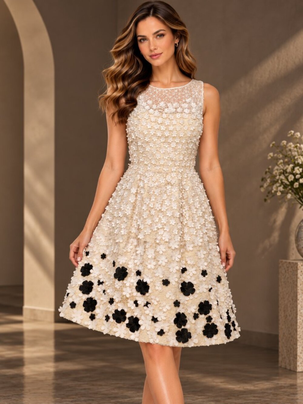 NWOT Oscar de la Renta Ivory Floral Appliqué A-Line Dress Size 10